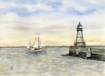 Poster DIN-A4  Aquarell Maritim Kunst Druck Kunstdruck Nordsee Wilhelmshaven Leuchtturm Mole Molenfeuer